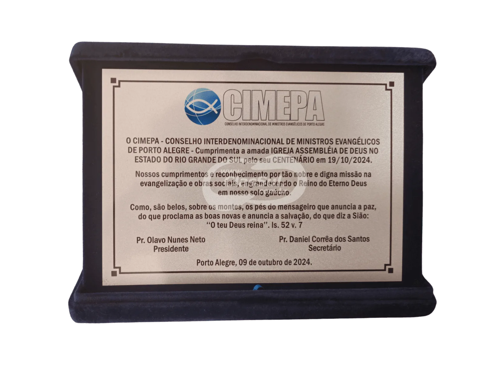 Placa de homenagem em estojo preto